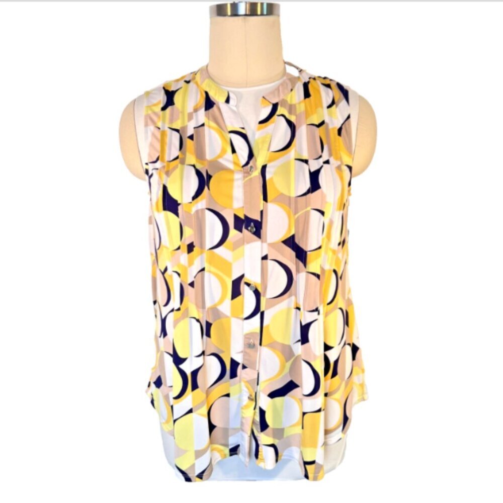 Cocomo | 2X Tank Blouse Button Down White Yellow Abstract Print Summer